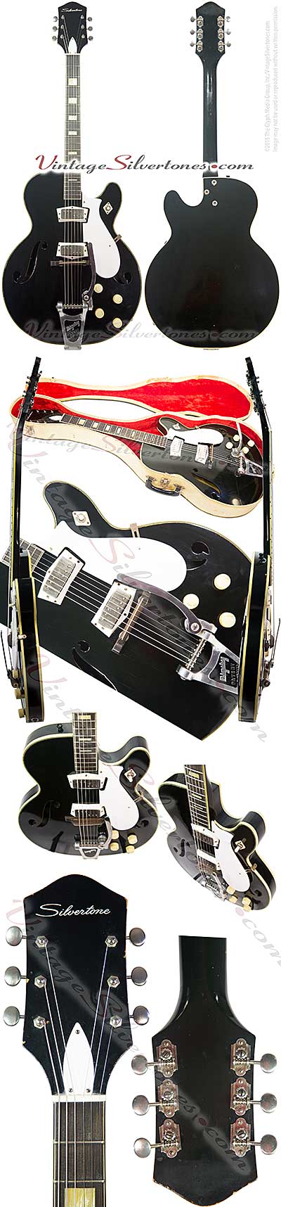 Silvertone 1446L made by Harmony of Chicago, two mini P90 pickups, electric guitar, semi-hollow body, black finish, white pickguard, made in 1965