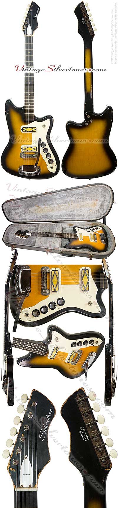 Silvertone -Harmony-made - 1479 solid body electric guitar with 1750 whammy bar double cutaway, tobaccoburst, 2 gold pickups made 1967