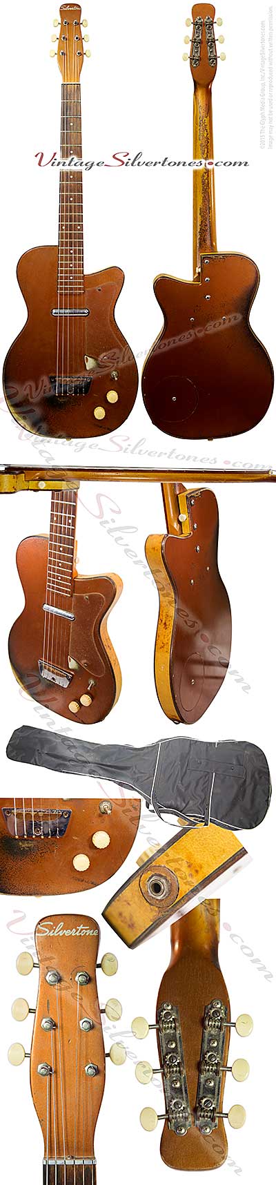 Silvertone 1321 made by Danelectro U1, one pickup, electric guitar, semi-hollow body, bronze body with white tolex binding, masonite body, lipstick pickup, made in 1956
