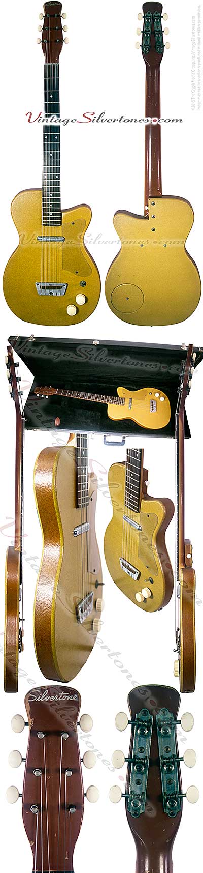 Silvertone 1357 made by Danelectro U1, one pickup, electric guitar, semi-hollow body, ginger vinyl finish, tan vinyl binding, masonite body, lipstick pickup, made in 1956